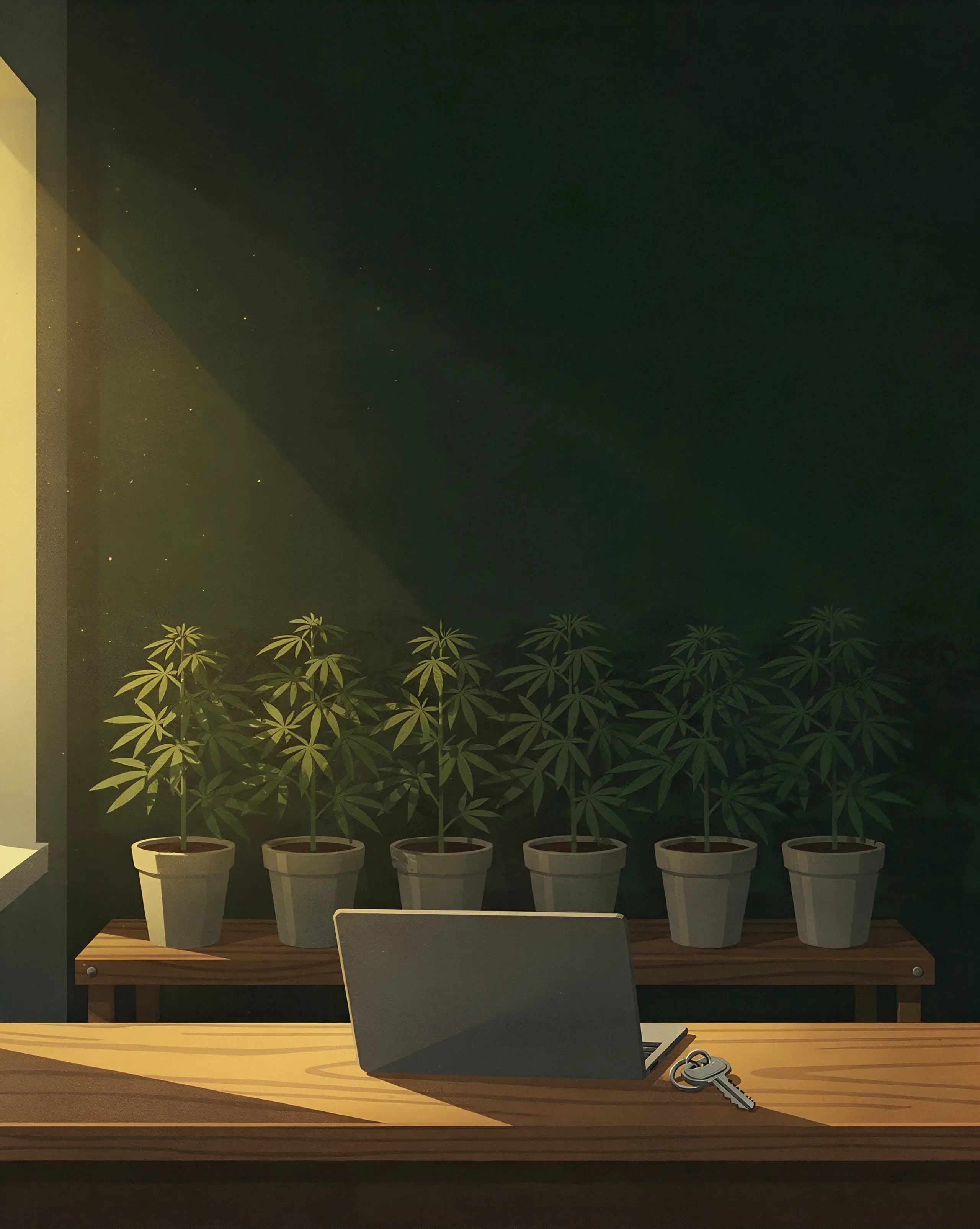 Illustration: ein Tresen im Morgenlicht, dahinter Regale mit jungen Pflanzen